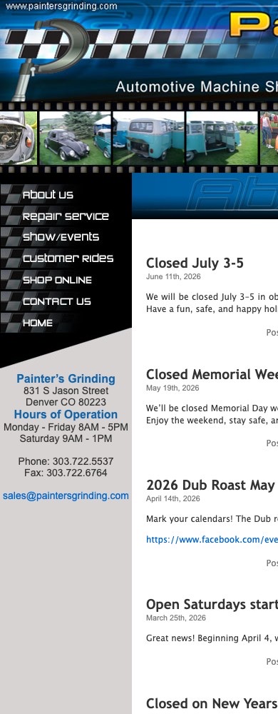 The Painter's Grinding VW Specialists website opened on a phone, with the desktop layout not reflowing — logo cut off and headlines running off the right edge