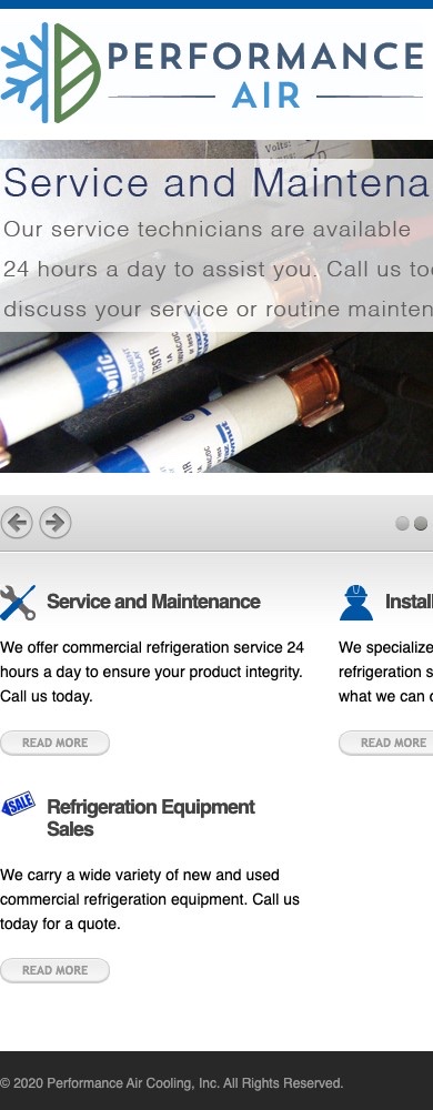 The Performance Air Cooling website opened on a phone, with the hero headline and service columns cut off at the right edge