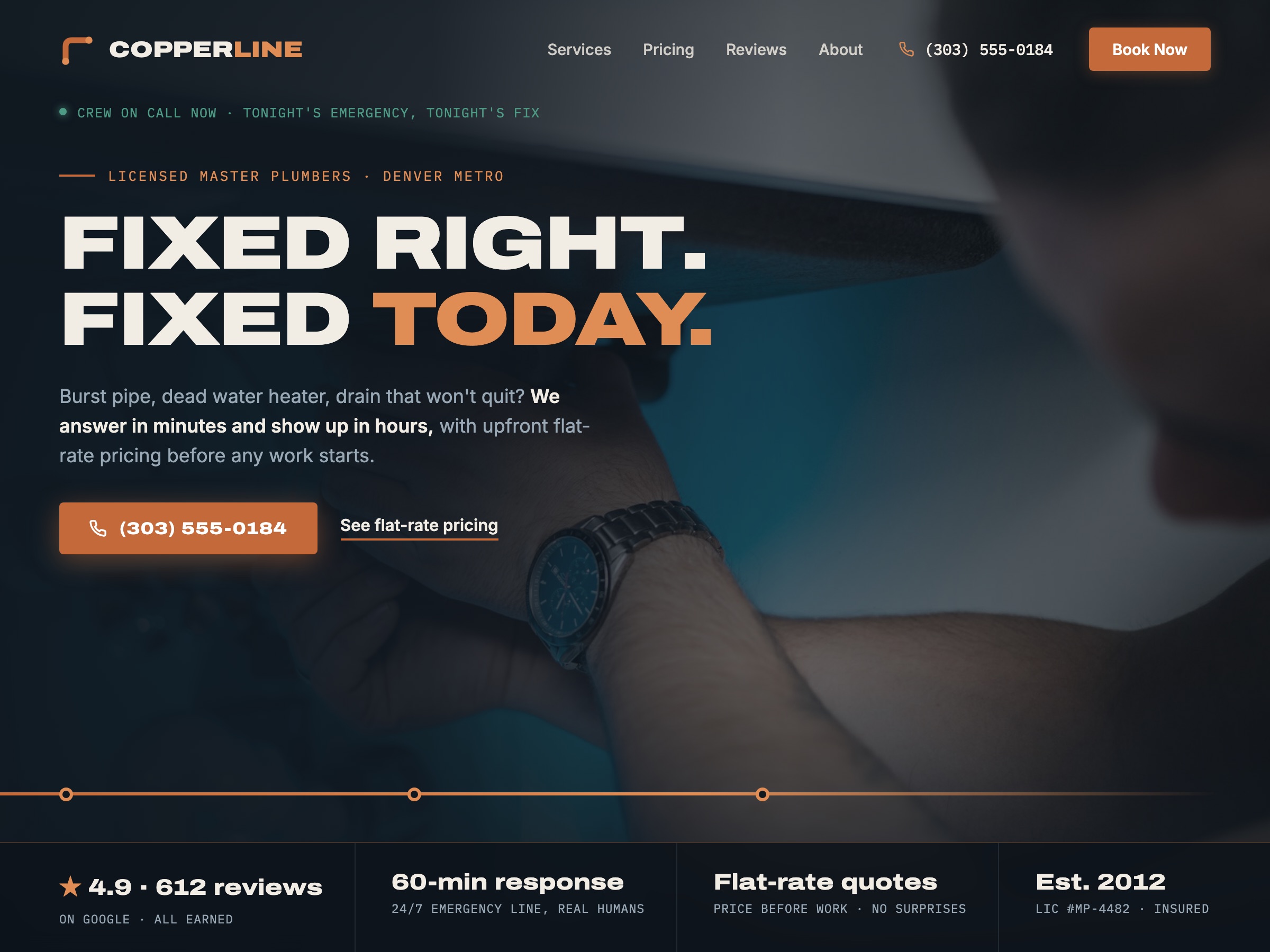 After: Copperline Plumbing, a sample contractor website designed by RankLoft